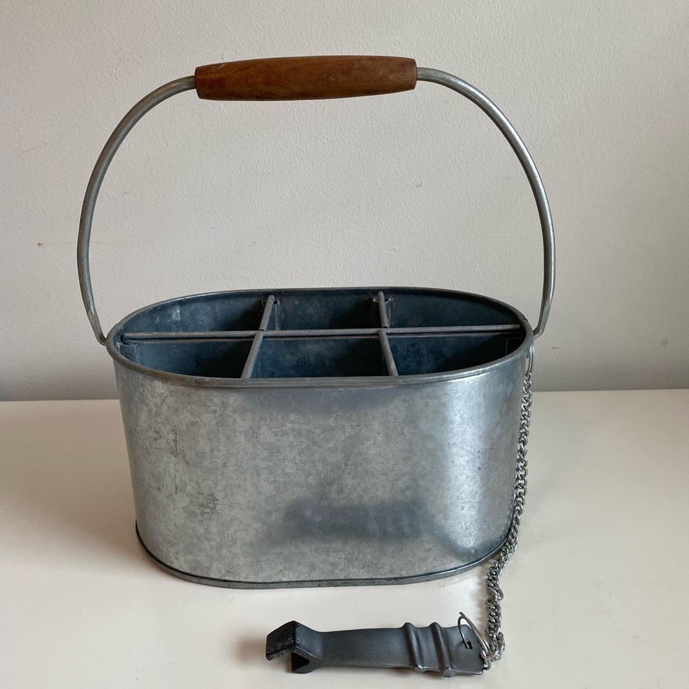 Pottery Barn Galvanized Metal 6 Pack Beer Bottle Caddy with Handle & Opener